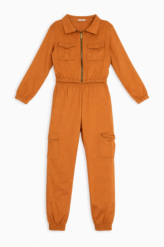 Macacão Cargo Feminino com Zíper Frontal e Bolsos Utilitários