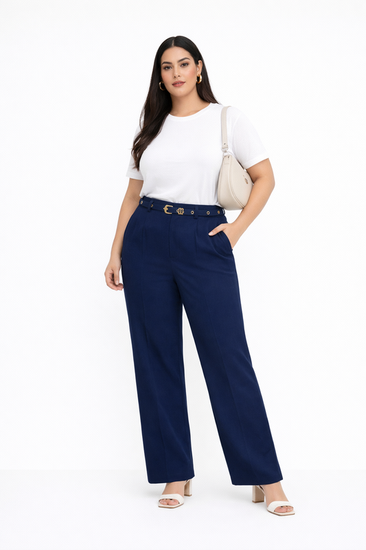 Calça Pantalona Alfaiataria com Cinto Fino e Fivela Dourada